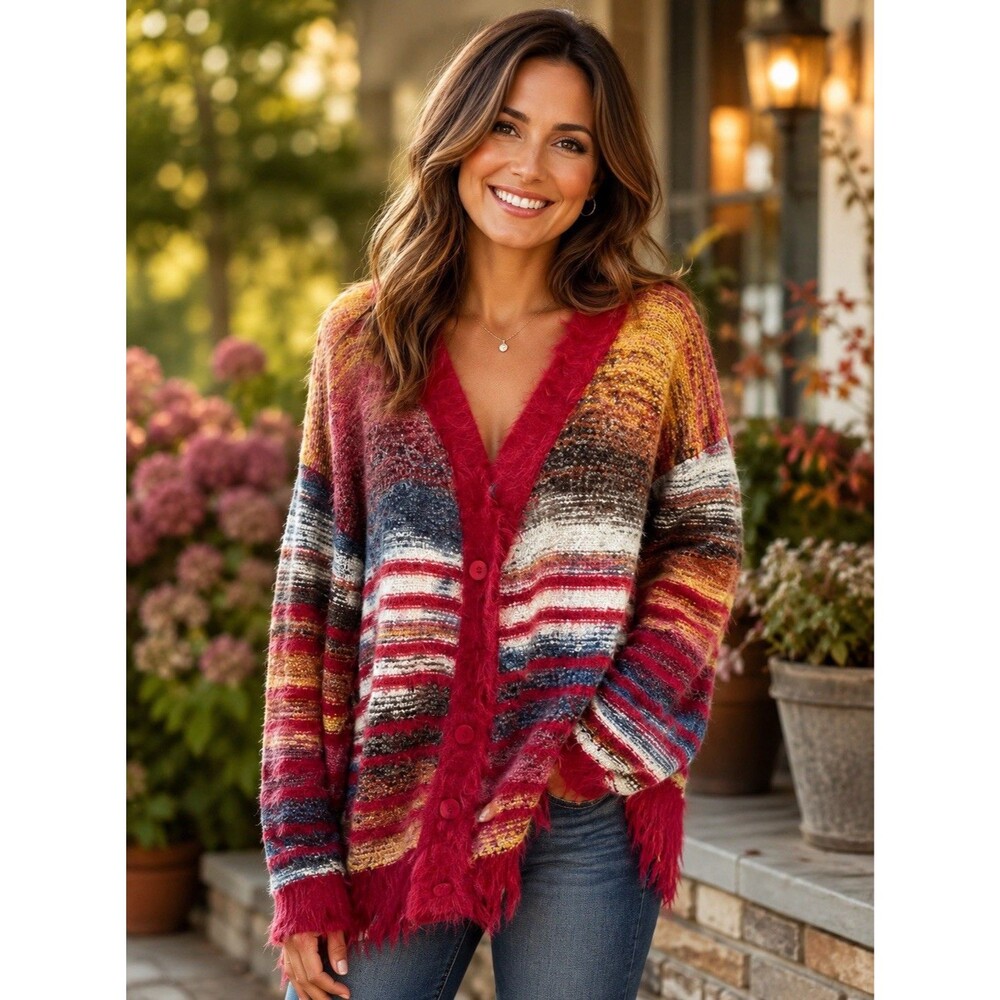 Aelfric Eden Women’s M Fringe Gradient Pinstripe Cardigan Sweater Loose Knit Red